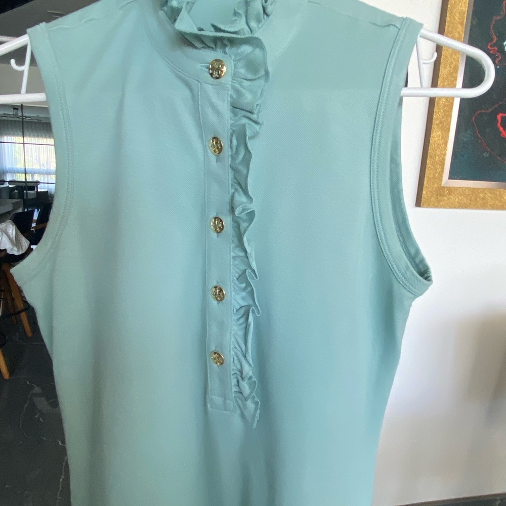 Tory Burch Aqua Sleeveless Ruffle Blouse